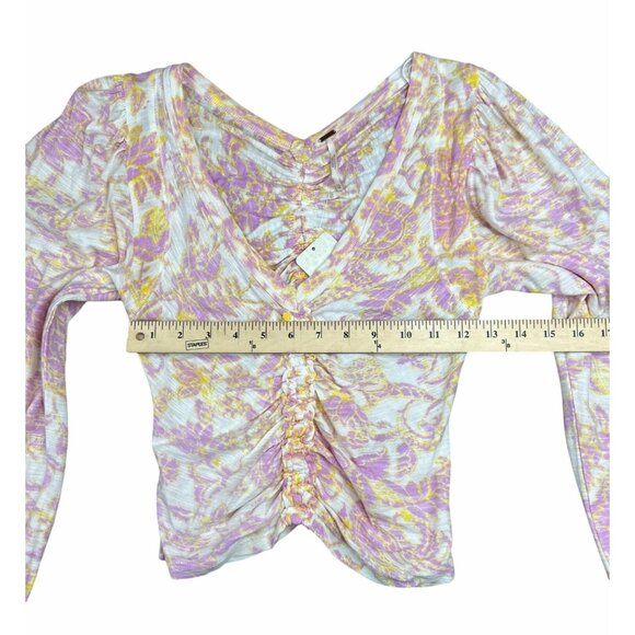 Free People Say The Word Ruched Ivory Combo Long-Sleeve V-Neck Top X-Small - Picture 9 of 10